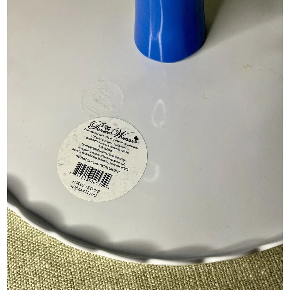 The Pioneer Woman Melamine Cake Blue Stand Floral Design Scalloped White Top